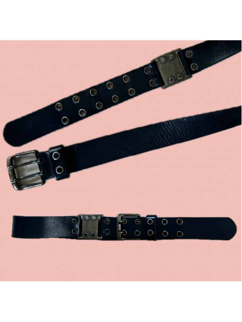 Vintage Simons Black Italian Leather Double Prong Grommet Belt Y2K